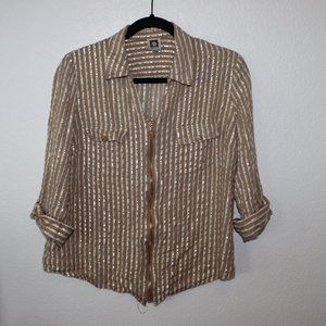 Gold, tan, white striped blouse with front zipper